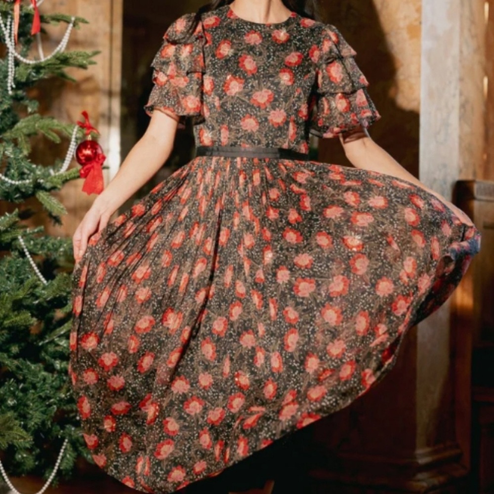 Ivy City Co Gianna Dress In Moody Floral Black and Red Floral Midi Dress